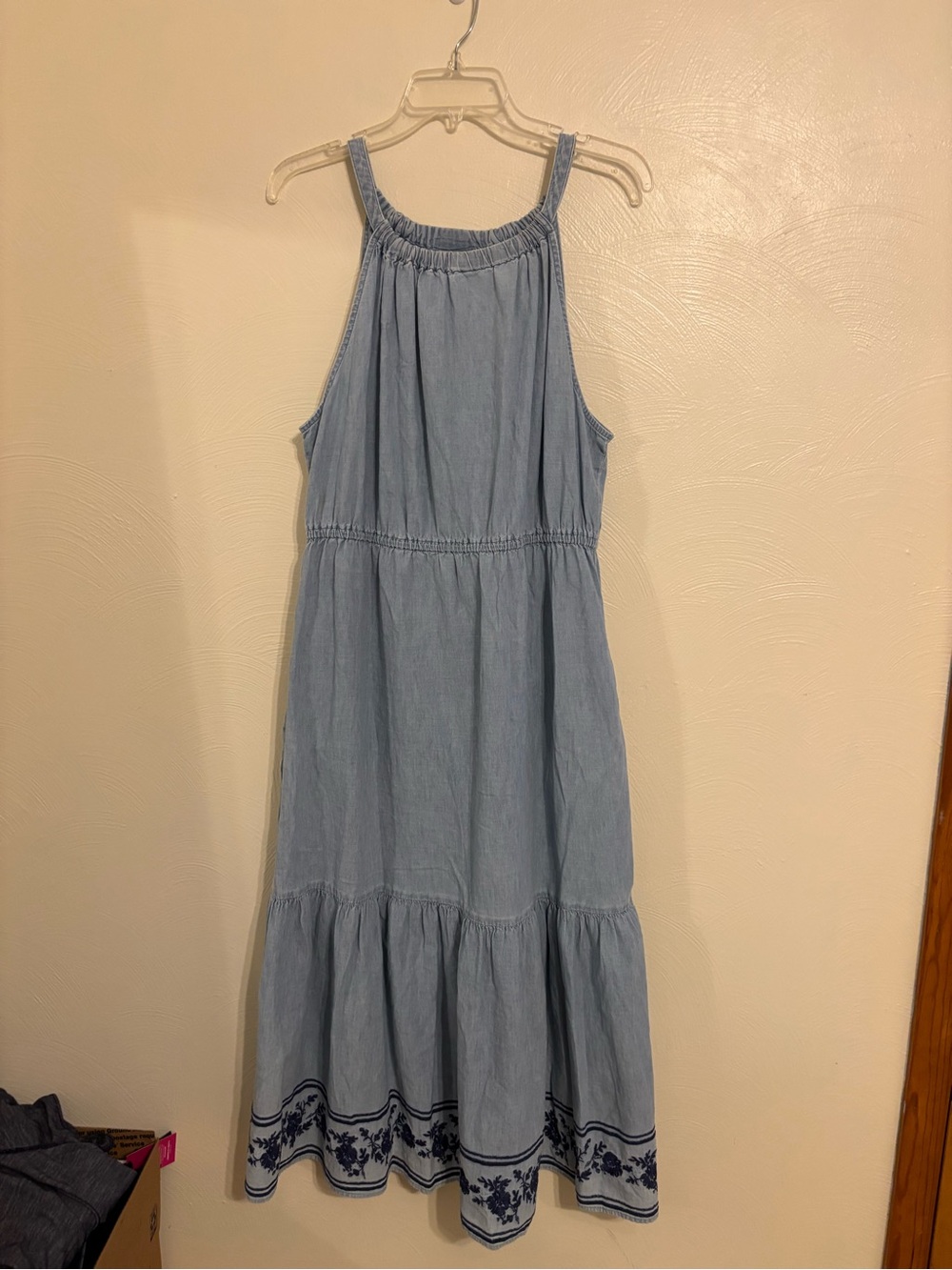 St. John’s Bay XL Chambray Maxi Dress Embroidered Floral Cotton Tiered